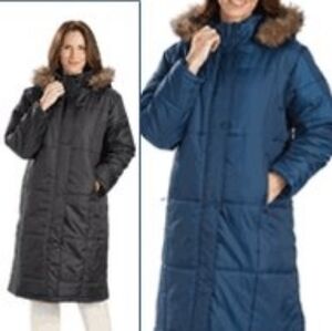 Totes long teal blue winter coat with faux fur hood size large